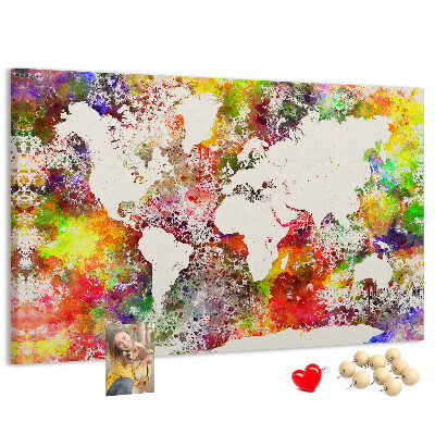 Bacheca in sughero mappa del mondo colorata in stile acquerello