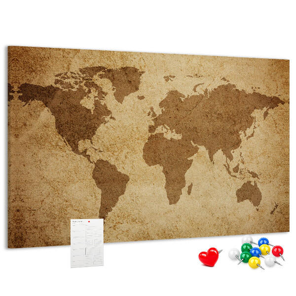 Lavagna di sughero con stampa antica mappa del mondo su sfondo bronzo