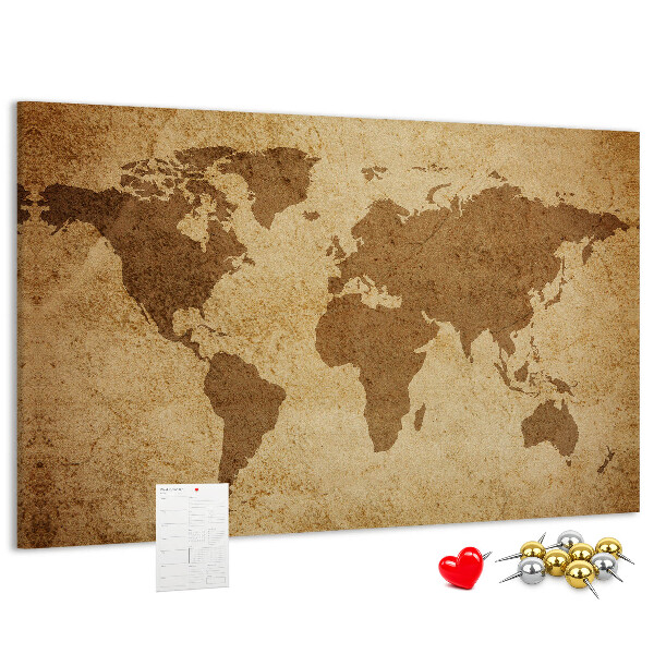 Lavagna di sughero con stampa antica mappa del mondo su sfondo bronzo