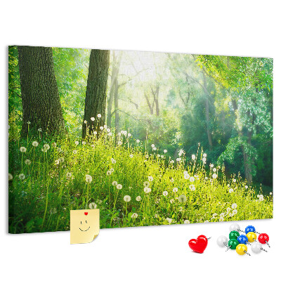 Bacheca in sughero con stampa foresta verde e fiori di tarassaco