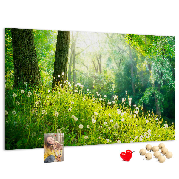 Bacheca in sughero con stampa foresta verde e fiori di tarassaco