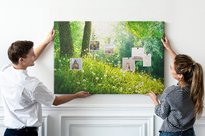 Bacheca in sughero con stampa foresta verde e fiori di tarassaco