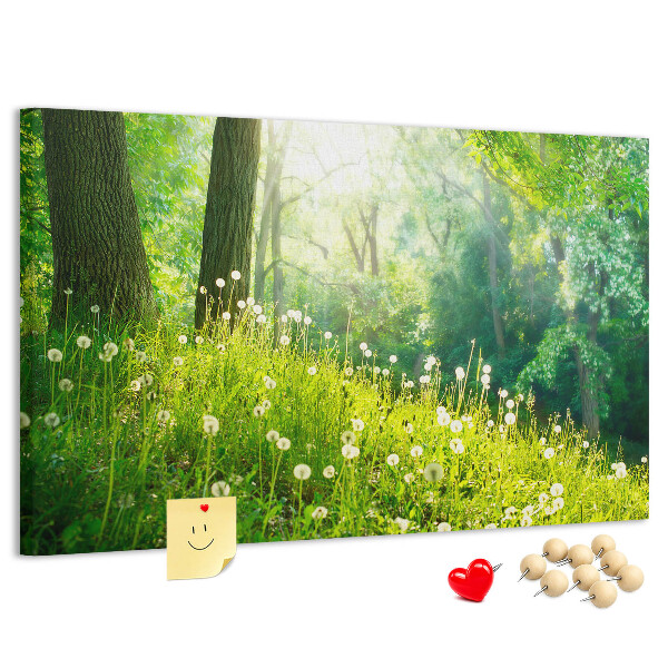 Bacheca in sughero con stampa foresta verde e fiori di tarassaco