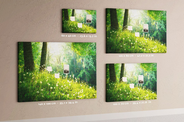 Bacheca in sughero con stampa foresta verde e fiori di tarassaco