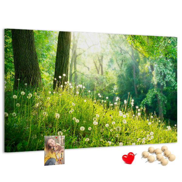 Bacheca in sughero con stampa foresta verde e fiori di tarassaco