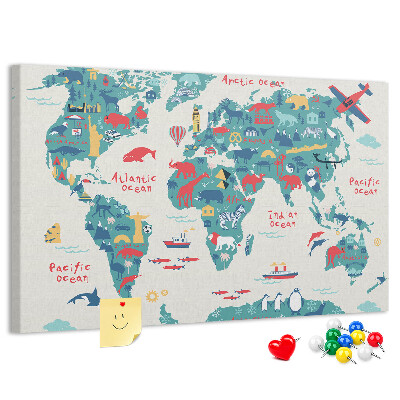 Lavagna di sughero mappa del mondo colorata con icone di animali