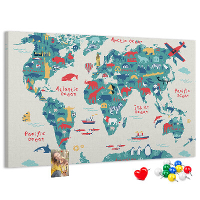 Lavagna di sughero mappa del mondo colorata con icone di animali