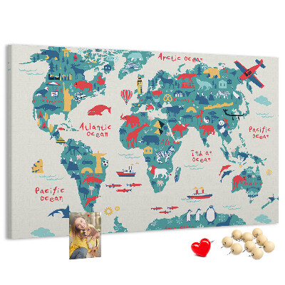 Lavagna di sughero mappa del mondo colorata con icone di animali