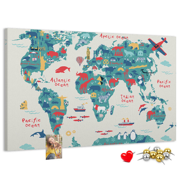 Lavagna di sughero mappa del mondo colorata con icone di animali