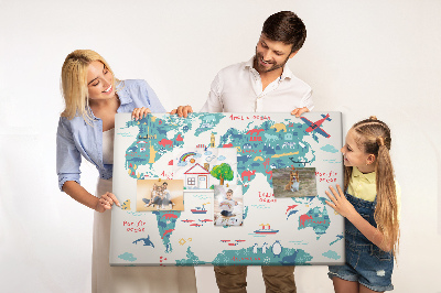 Lavagna di sughero mappa del mondo colorata con icone di animali