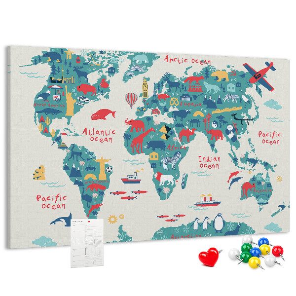 Lavagna di sughero mappa del mondo colorata con icone di animali