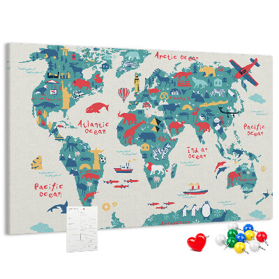 Lavagna di sughero mappa del mondo colorata con icone di animali