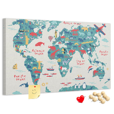 Lavagna di sughero mappa del mondo colorata con icone di animali