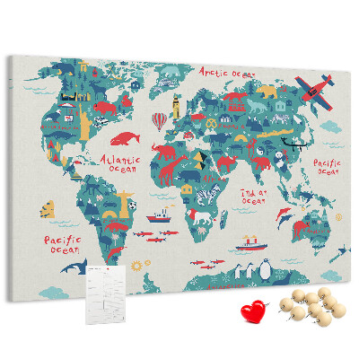 Lavagna di sughero mappa del mondo colorata con icone di animali