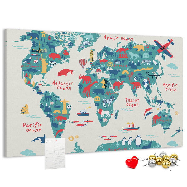 Lavagna di sughero mappa del mondo colorata con icone di animali
