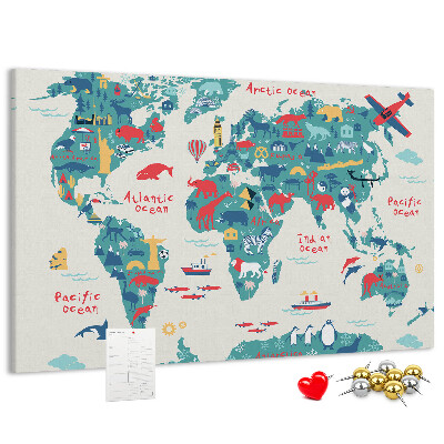 Lavagna di sughero mappa del mondo colorata con icone di animali