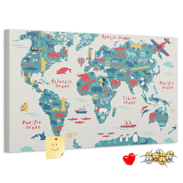 Lavagna di sughero mappa del mondo colorata con icone di animali