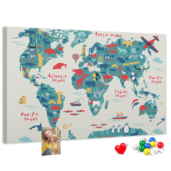 Lavagna di sughero mappa del mondo colorata con icone di animali