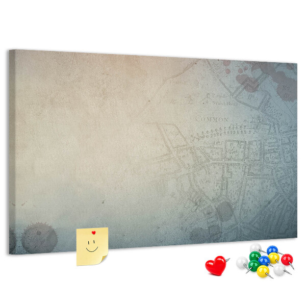 Bacheca in sughero con stampa di mappa antica e macchie decorative