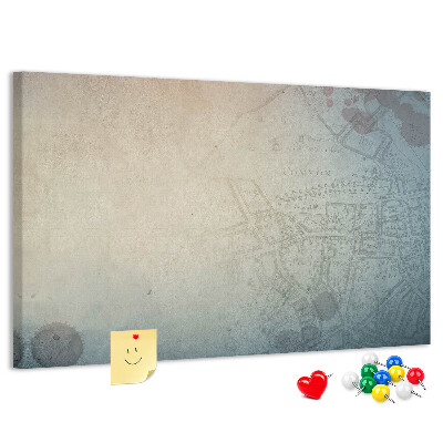 Bacheca in sughero con stampa di mappa antica e macchie decorative