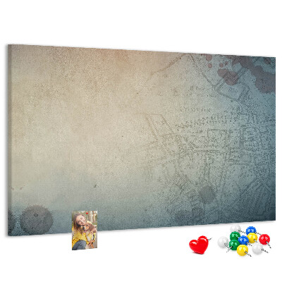 Bacheca in sughero con stampa di mappa antica e macchie decorative