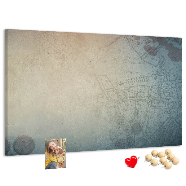 Bacheca in sughero con stampa di mappa antica e macchie decorative