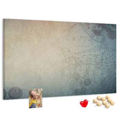 Bacheca in sughero con stampa di mappa antica e macchie decorative