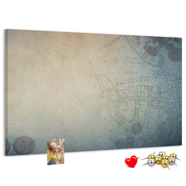 Bacheca in sughero con stampa di mappa antica e macchie decorative