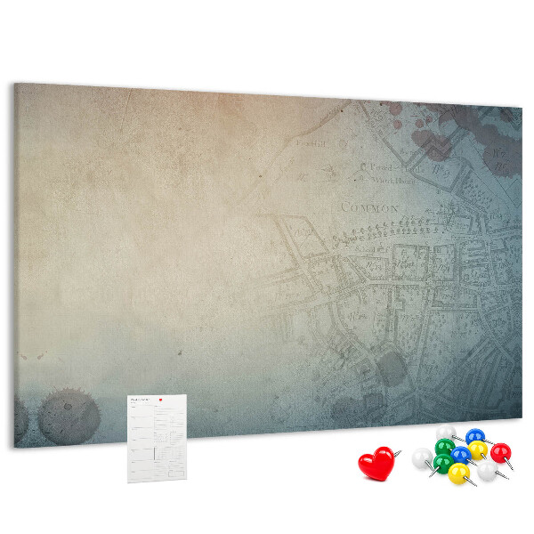 Bacheca in sughero con stampa di mappa antica e macchie decorative