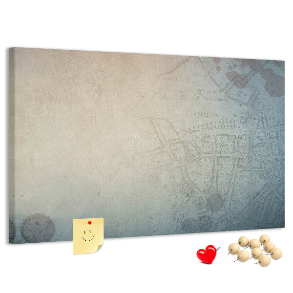 Bacheca in sughero con stampa di mappa antica e macchie decorative