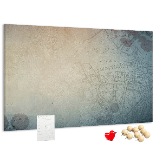 Bacheca in sughero con stampa di mappa antica e macchie decorative