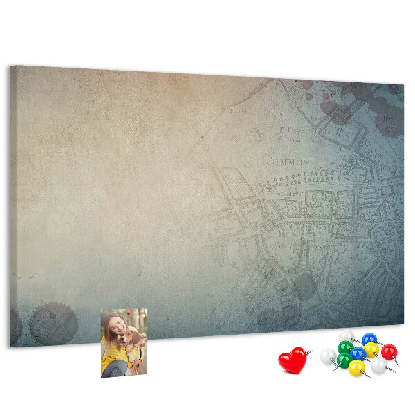 Bacheca in sughero con stampa di mappa antica e macchie decorative
