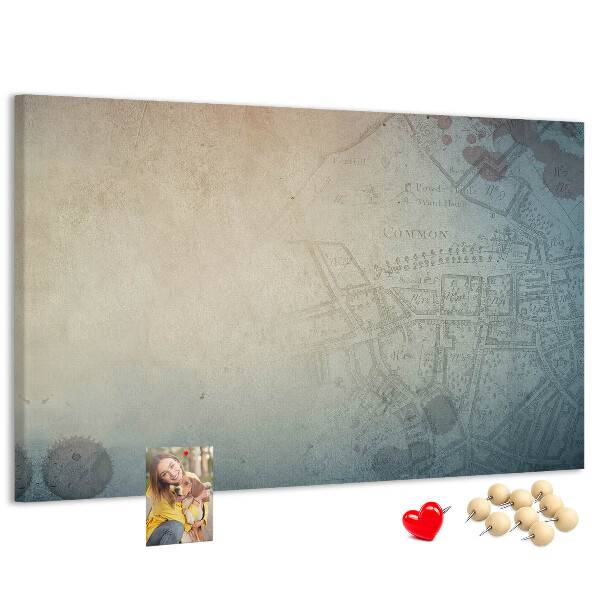Bacheca in sughero con stampa di mappa antica e macchie decorative