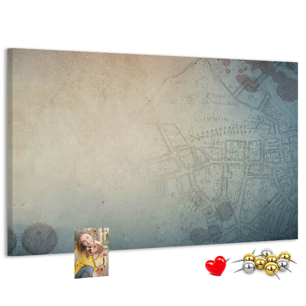 Bacheca in sughero con stampa di mappa antica e macchie decorative
