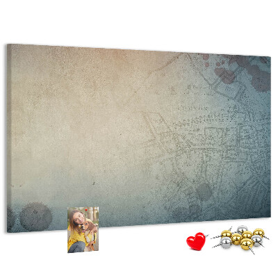 Bacheca in sughero con stampa di mappa antica e macchie decorative