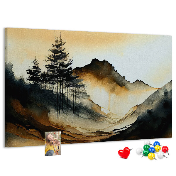 Bacheca in sughero con stampa di paesaggio montano pittoresco con alberi