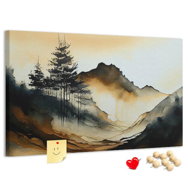 Bacheca in sughero con stampa di paesaggio montano pittoresco con alberi