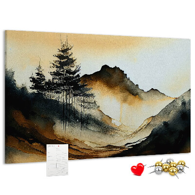Bacheca in sughero con stampa di paesaggio montano pittoresco con alberi