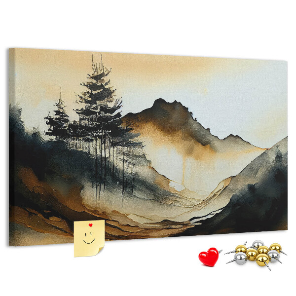 Bacheca in sughero con stampa di paesaggio montano pittoresco con alberi