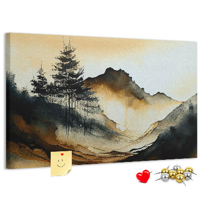 Bacheca in sughero con stampa di paesaggio montano pittoresco con alberi