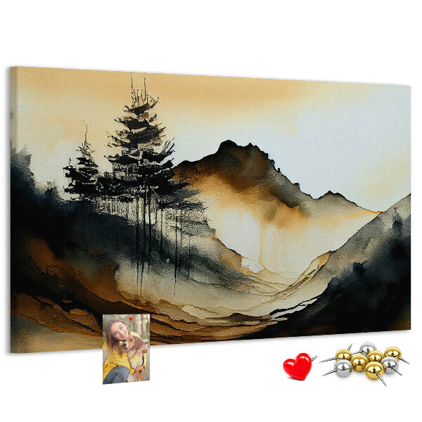 Bacheca in sughero con stampa di paesaggio montano pittoresco con alberi