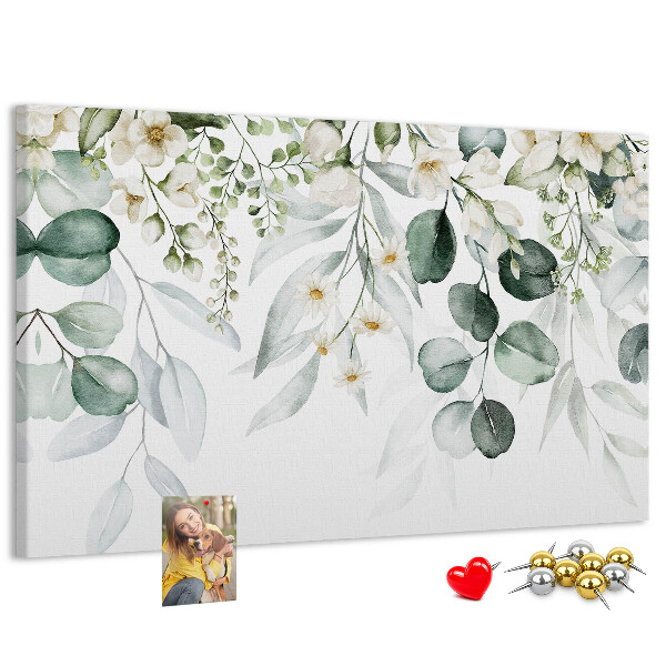 Bacheca in sughero con stampa a motivi floreali e fogliari in tonalità pastello