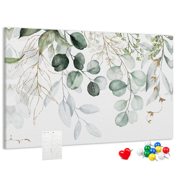 Bacheca in sughero con decorazione a foglie delicate in varie tonalità di verde