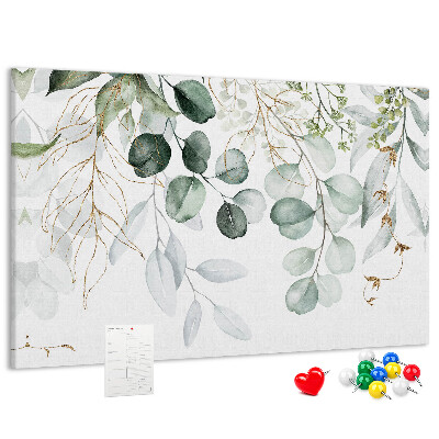 Bacheca in sughero con decorazione a foglie delicate in varie tonalità di verde