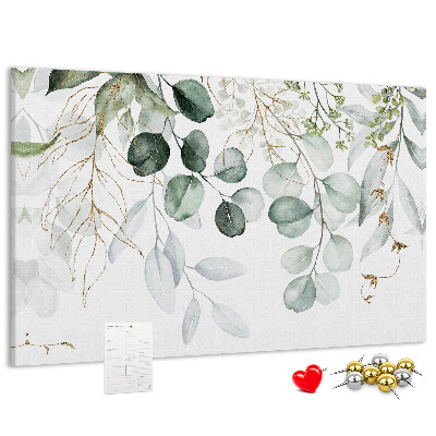 Bacheca in sughero con decorazione a foglie delicate in varie tonalità di verde