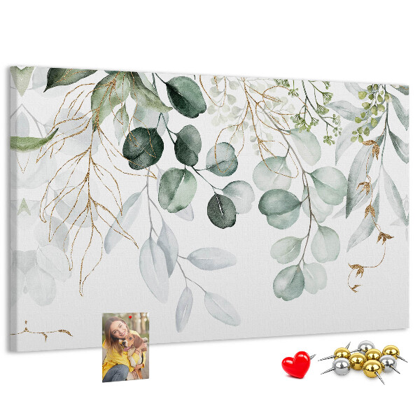 Bacheca in sughero con decorazione a foglie delicate in varie tonalità di verde