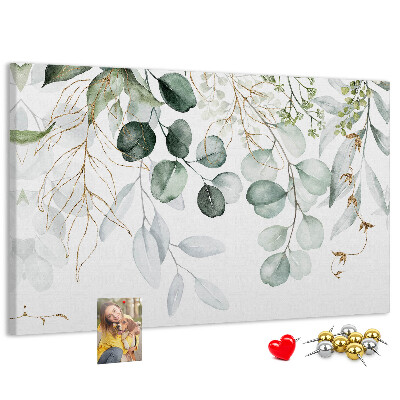 Bacheca in sughero con decorazione a foglie delicate in varie tonalità di verde