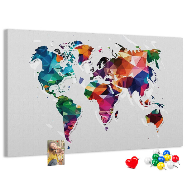 Lavagna di sughero mappa del mondo colorata in stile geometrico