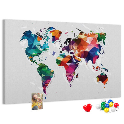 Lavagna di sughero mappa del mondo colorata in stile geometrico