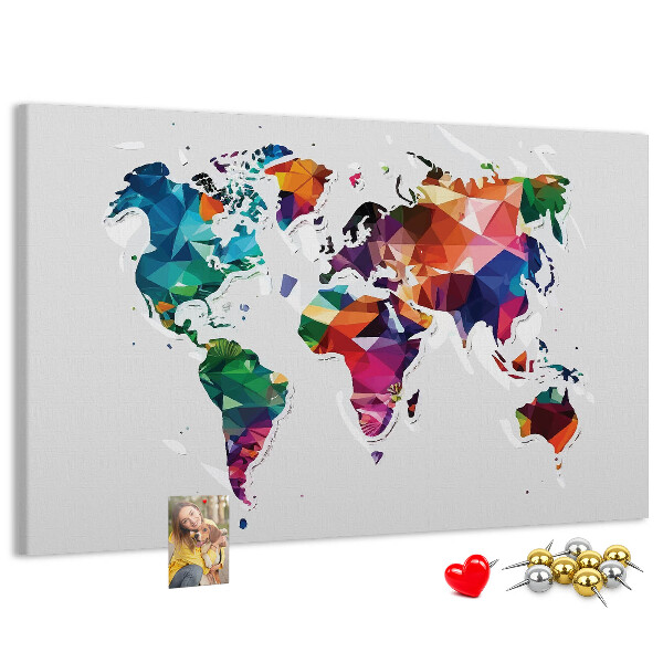 Lavagna di sughero mappa del mondo colorata in stile geometrico